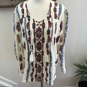Sundance Cream Bohemian Embroidered Tassel Peasant Top size XL